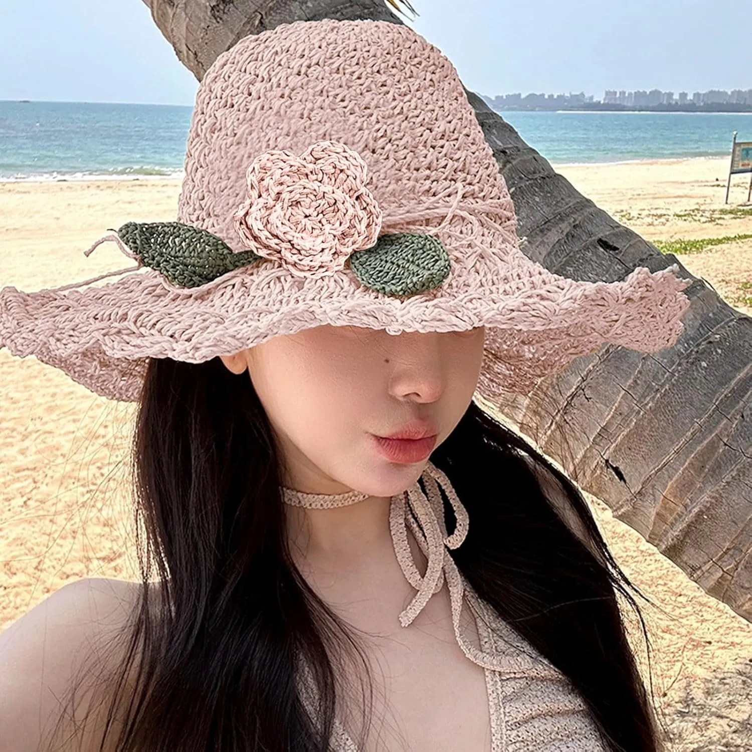 Summer Beach Sun Straw Hats for Women Wide Brim Handmade Foldable Packable Crochet Travel Sun Protection Hat Caps​