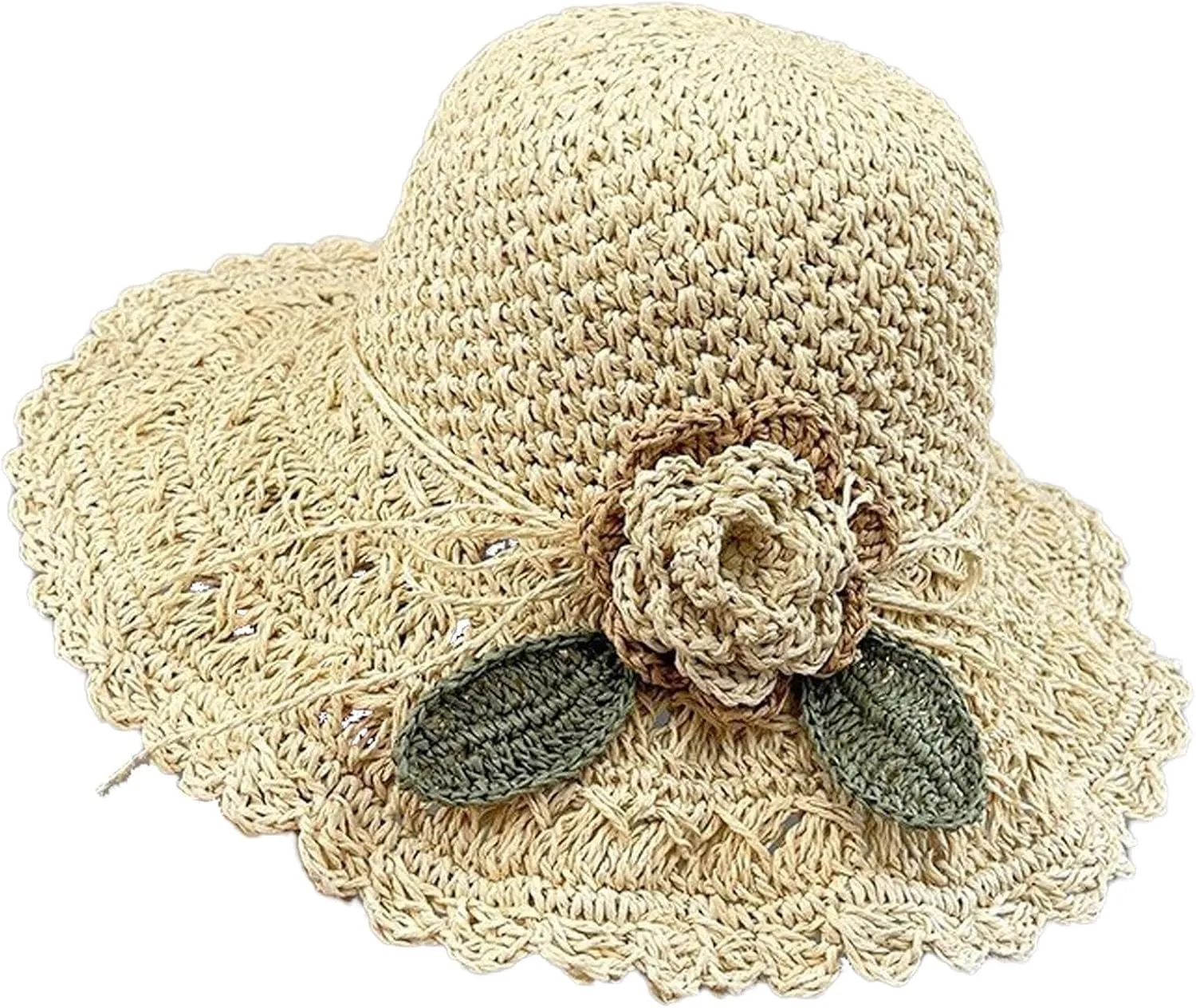 Summer Beach Sun Straw Hats for Women Wide Brim Handmade Foldable Packable Crochet Travel Sun Protection Hat Caps​