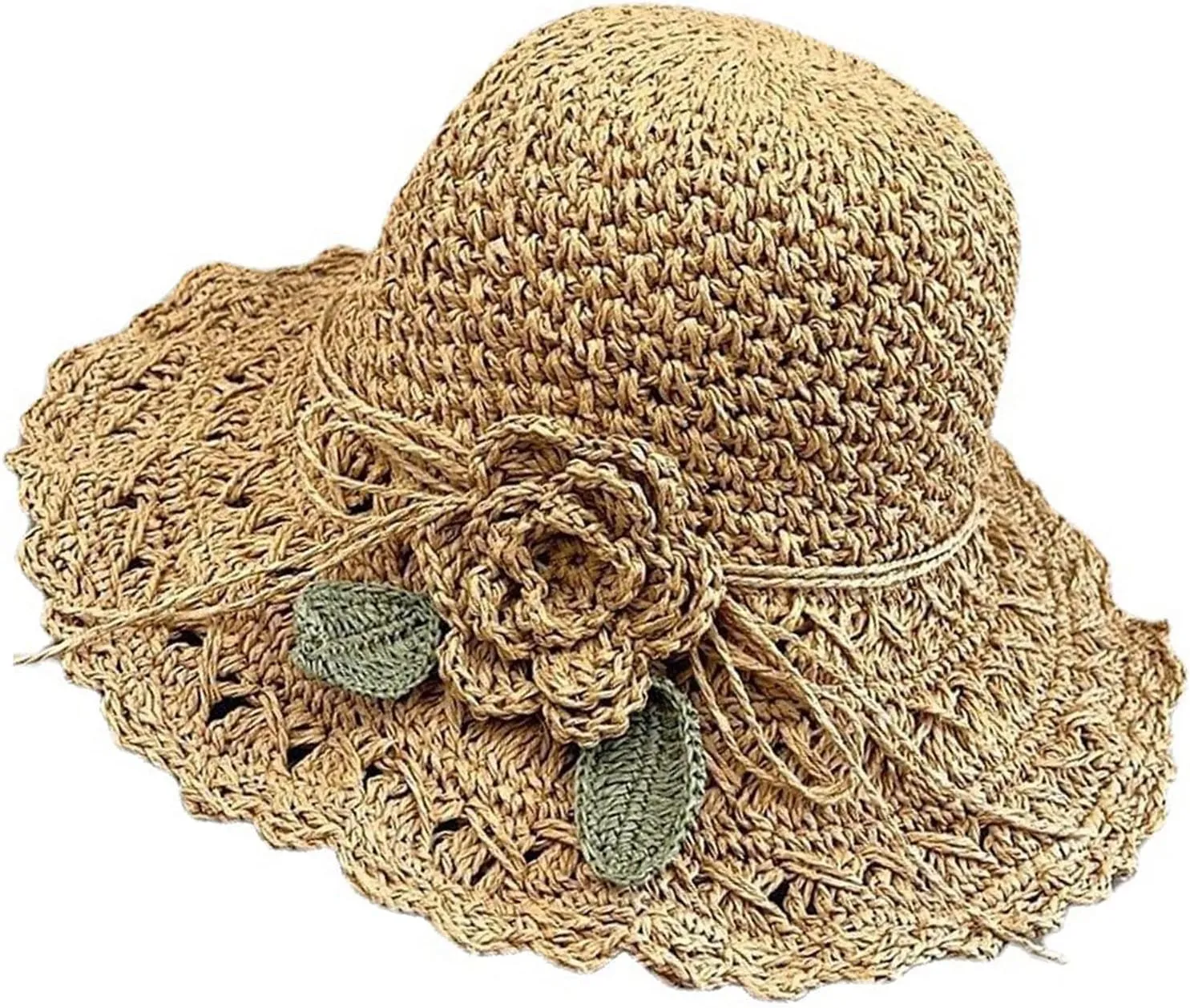 Summer Beach Sun Straw Hats for Women Wide Brim Handmade Foldable Packable Crochet Travel Sun Protection Hat Caps​