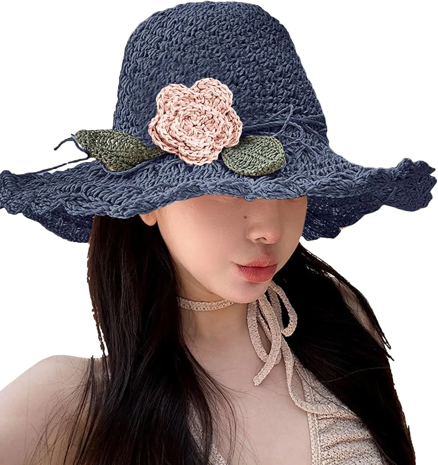 Summer Beach Sun Straw Hats for Women Wide Brim Handmade Foldable Packable Crochet Travel Sun Protection Hat Caps​