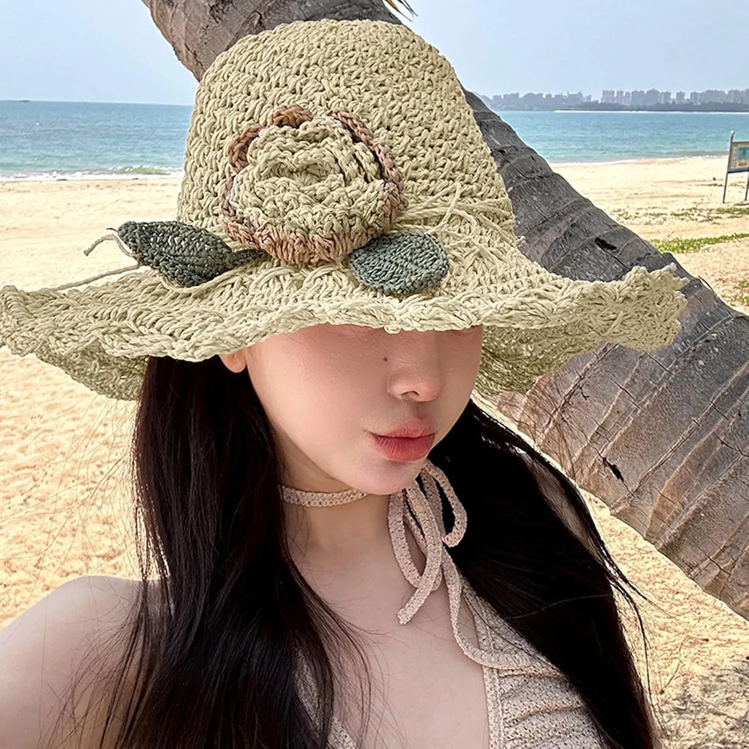 Summer Beach Sun Straw Hats for Women Wide Brim Handmade Foldable Packable Crochet Travel Sun Protection Hat Caps​