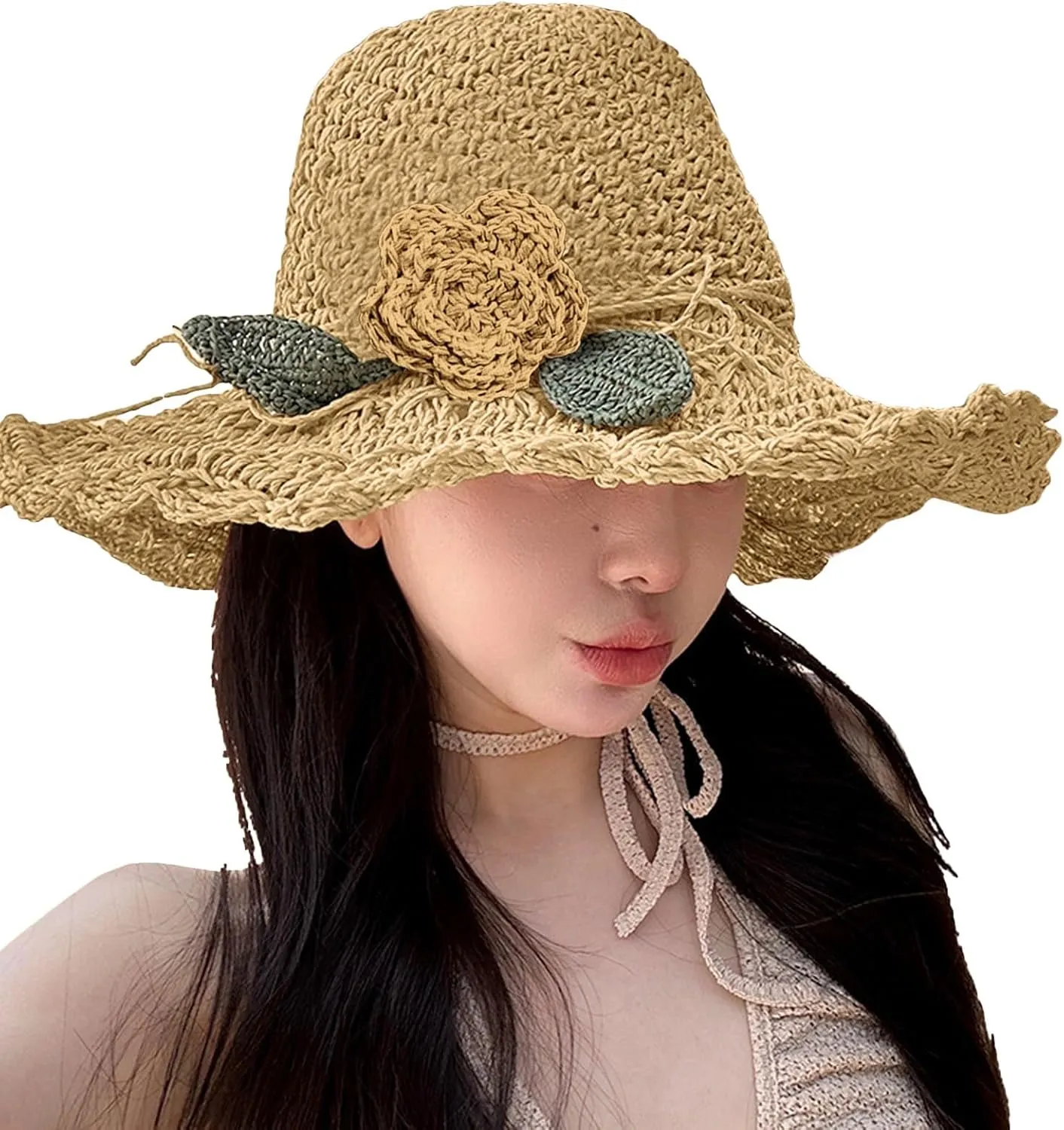 Summer Beach Sun Straw Hats for Women Wide Brim Handmade Foldable Packable Crochet Travel Sun Protection Hat Caps​