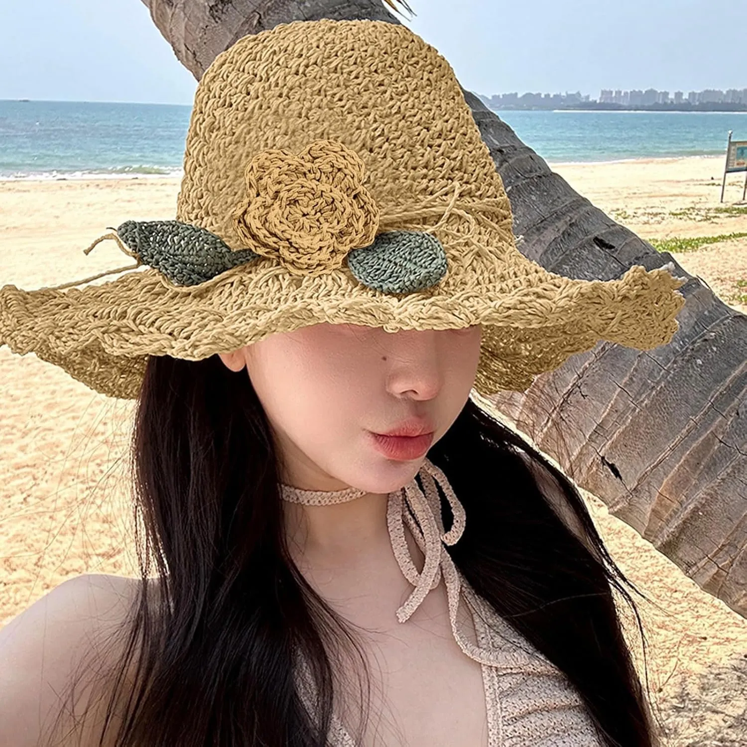 Summer Beach Sun Straw Hats for Women Wide Brim Handmade Foldable Packable Crochet Travel Sun Protection Hat Caps​