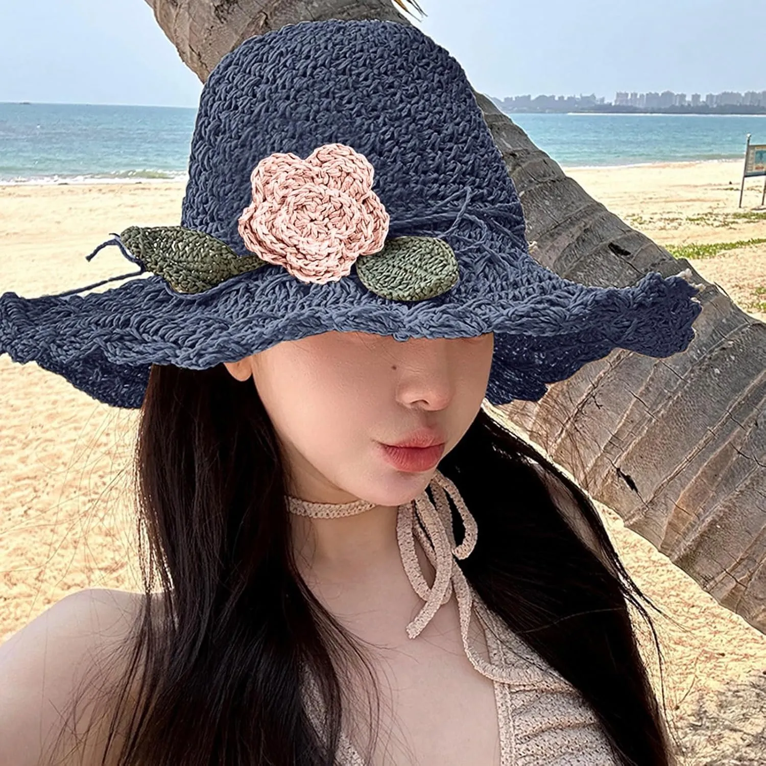 Summer Beach Sun Straw Hats for Women Wide Brim Handmade Foldable Packable Crochet Travel Sun Protection Hat Caps​