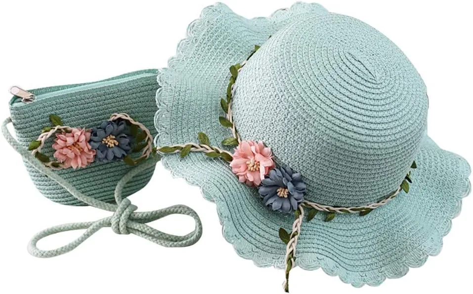 𝗦traw Hat Bag Set for Kids Little Girls Woven Wide Brim Flowers Sun Hat   Shoulder Bag for Summer Beach Outdoor