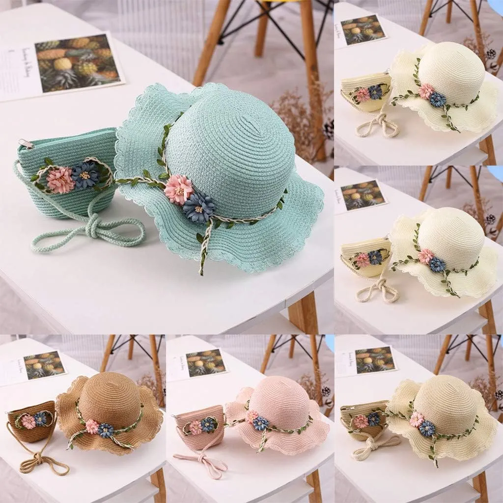 𝗦traw Hat Bag Set for Kids Little Girls Woven Wide Brim Flowers Sun Hat   Shoulder Bag for Summer Beach Outdoor