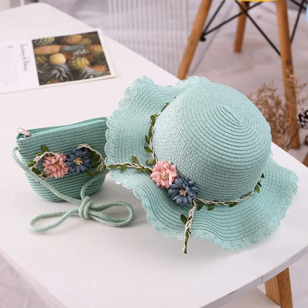 𝗦traw Hat Bag Set for Kids Little Girls Woven Wide Brim Flowers Sun Hat   Shoulder Bag for Summer Beach Outdoor
