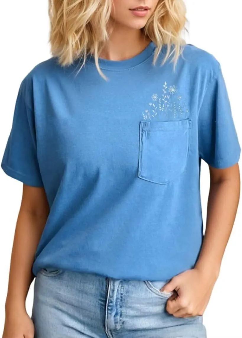 Wildflowers Pocket Shirts for Women Garden Plant Lover T-Shirt Flower Graphic Casual Short Sleeve Tops Tee