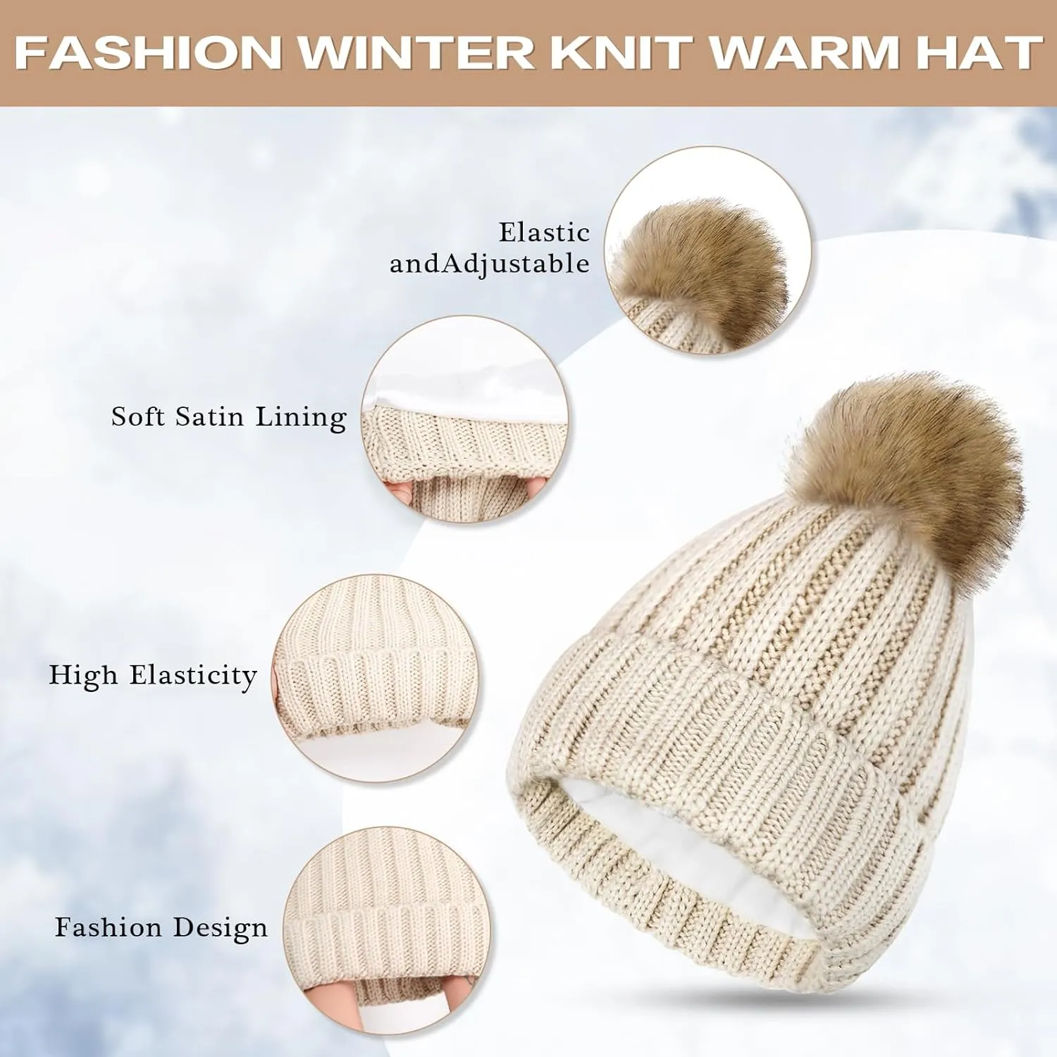 Winter Beanie Hat Scarf Gloves Set for Women Knit Touchscreen Gloves with Warm Pom Pom Satin Lined Hat Long Knit Scarf 3 In 1
