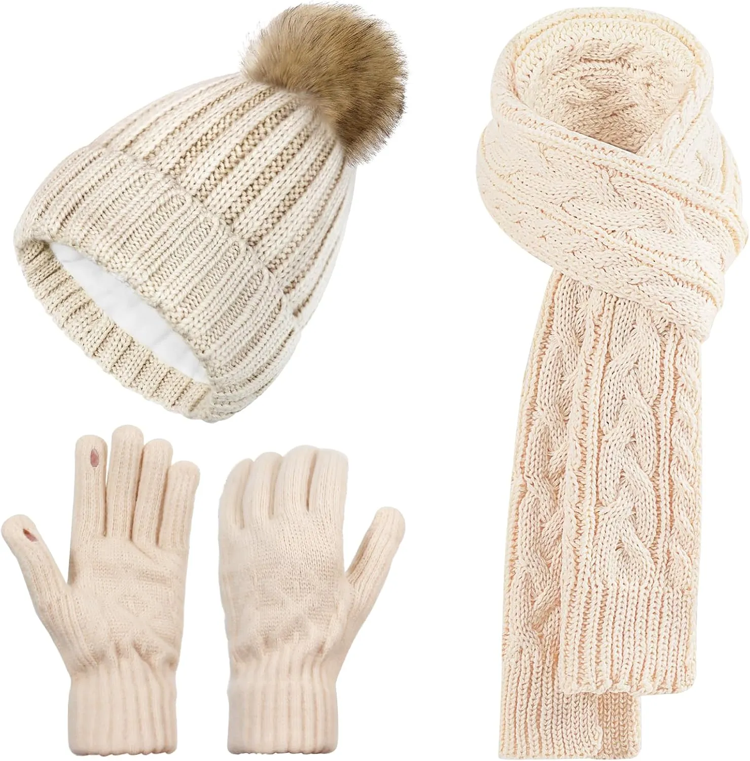 Winter Beanie Hat Scarf Gloves Set for Women Knit Touchscreen Gloves with Warm Pom Pom Satin Lined Hat Long Knit Scarf 3 In 1