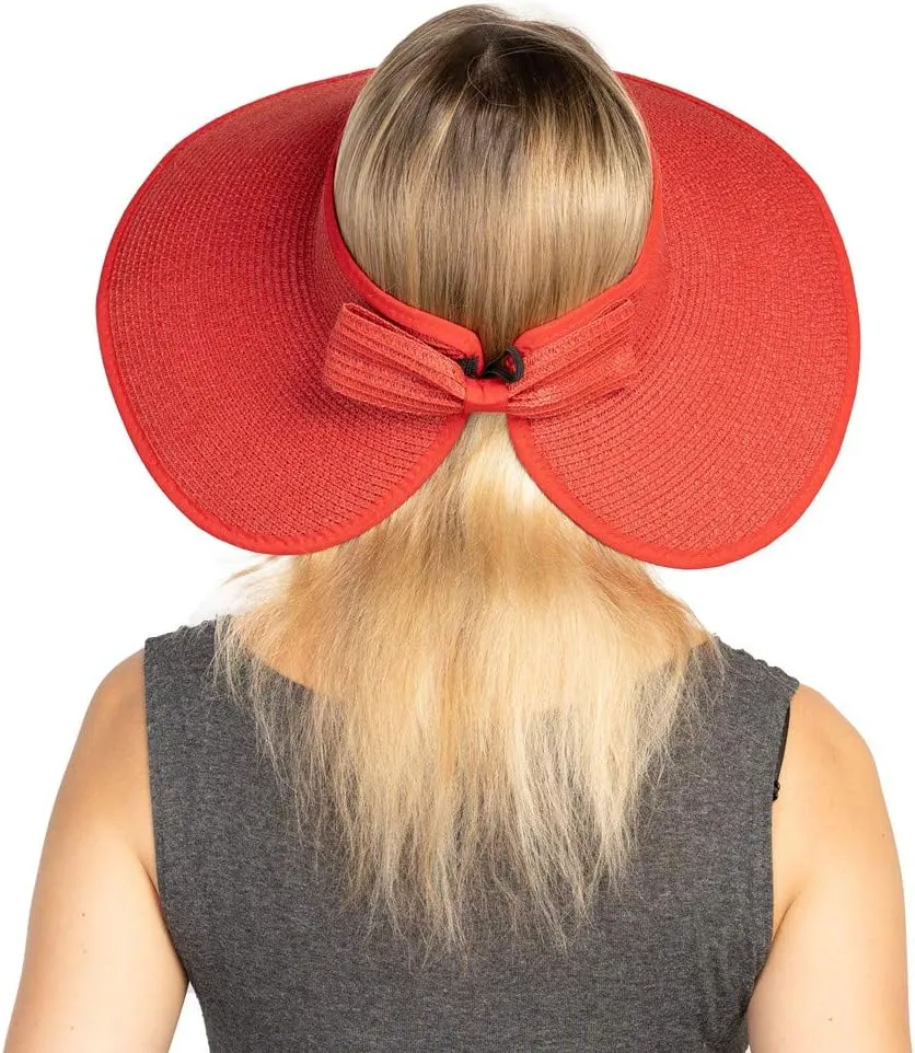 Women Sun Visor Hats Beach - Foldable Roll Up Wide Brim Bowknot Summer Straw Hat Cap Cruise wear for Womens