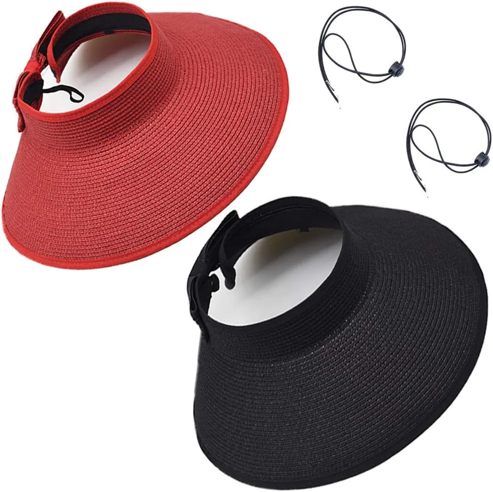 Women Sun Visor Hats Beach - Foldable Roll Up Wide Brim Bowknot Summer Straw Hat Cap Cruise wear for Womens
