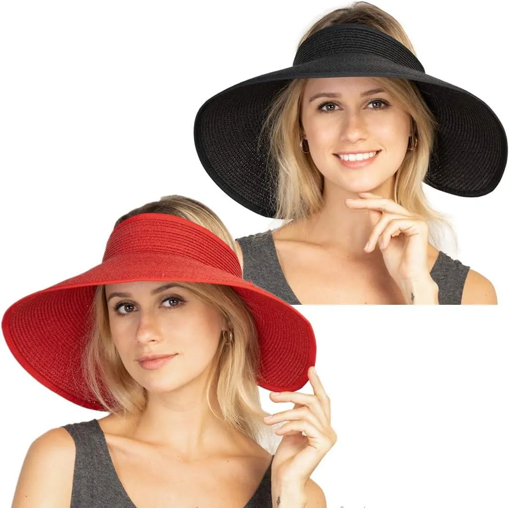 Women Sun Visor Hats Beach - Foldable Roll Up Wide Brim Bowknot Summer Straw Hat Cap Cruise wear for Womens