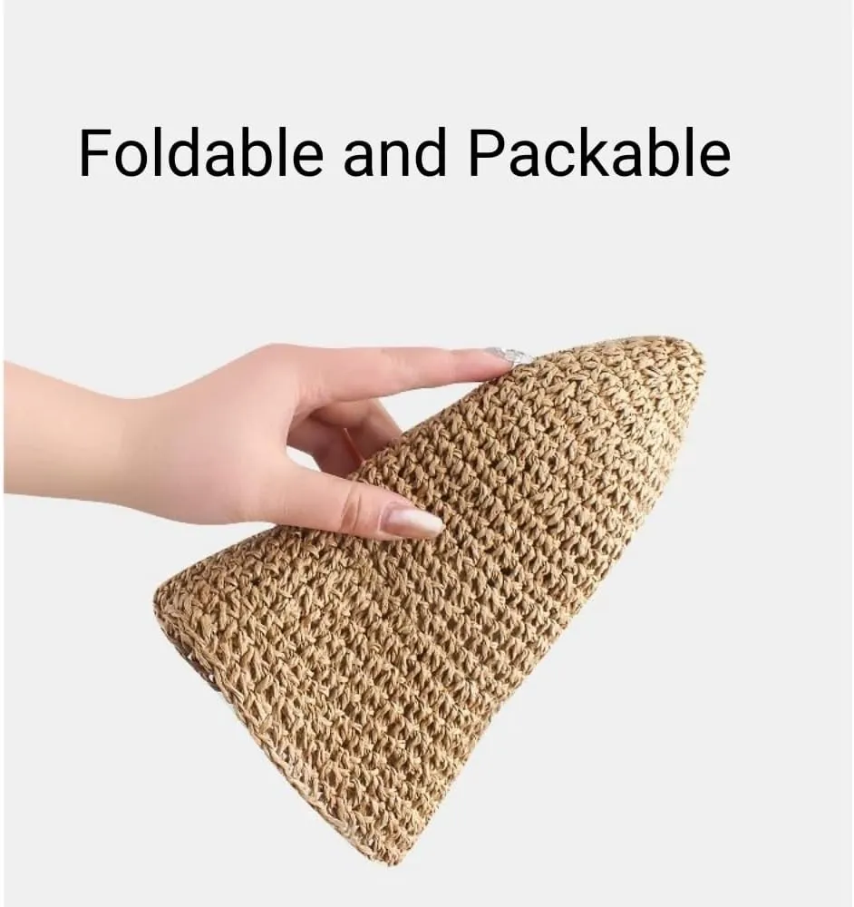 Womens Floppy Straw Sun Hat Packable Wide Brim Summer Beach Hat Foldable Crochet Bucket Hats