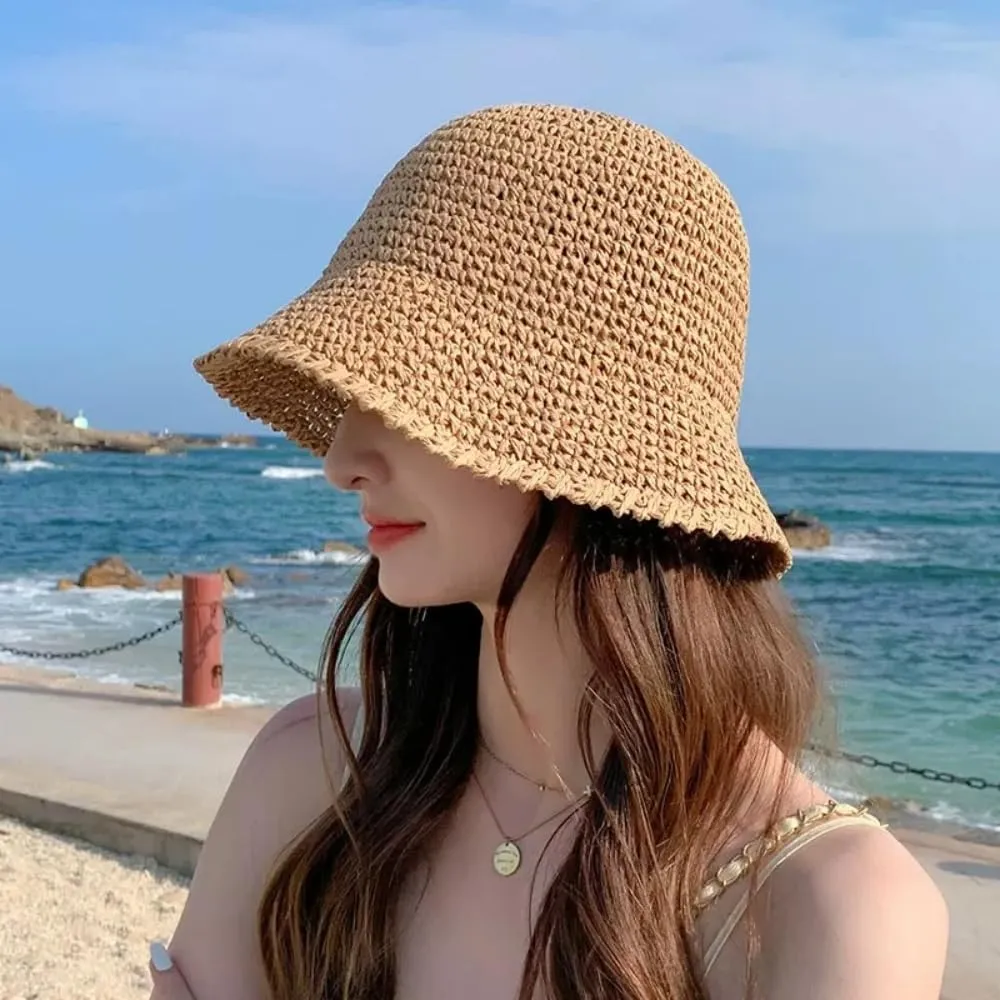 Womens Floppy Straw Sun Hat Packable Wide Brim Summer Beach Hat Foldable Crochet Bucket Hats