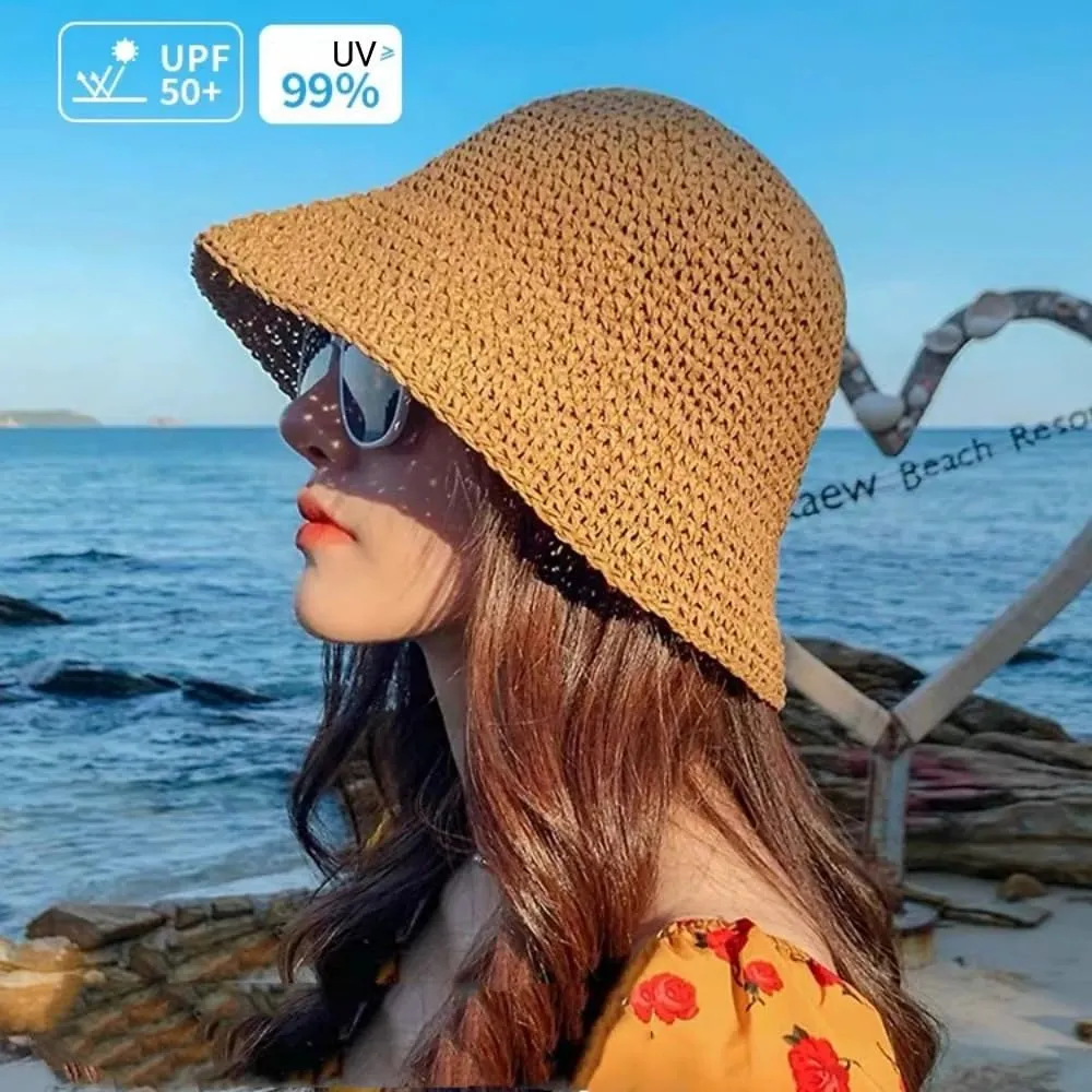 Womens Floppy Straw Sun Hat Packable Wide Brim Summer Beach Hat Foldable Crochet Bucket Hats