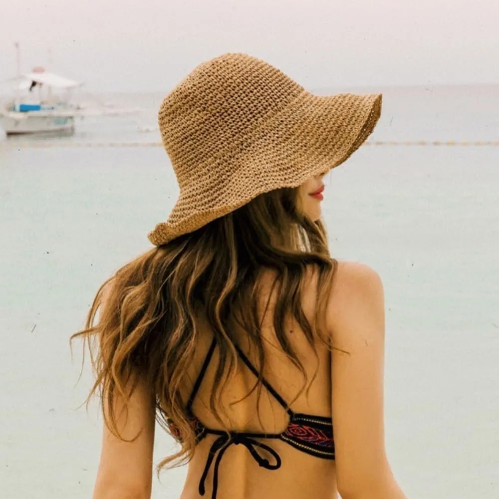 Womens Floppy Straw Sun Hat Packable Wide Brim Summer Beach Hat Foldable Crochet Bucket Hats
