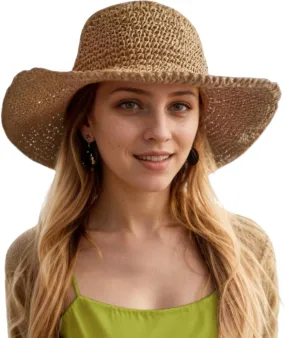 Womens Floppy Straw Sun Hat Packable Wide Brim Summer Beach Hat Foldable Crochet Bucket Hats