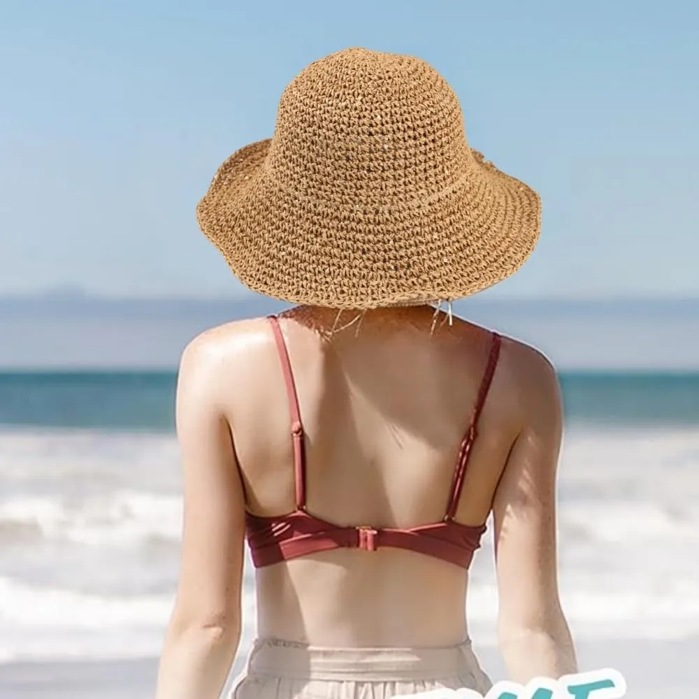 Womens Floppy Straw Sun Hat Packable Wide Brim Summer Beach Hat Foldable Crochet Bucket Hats