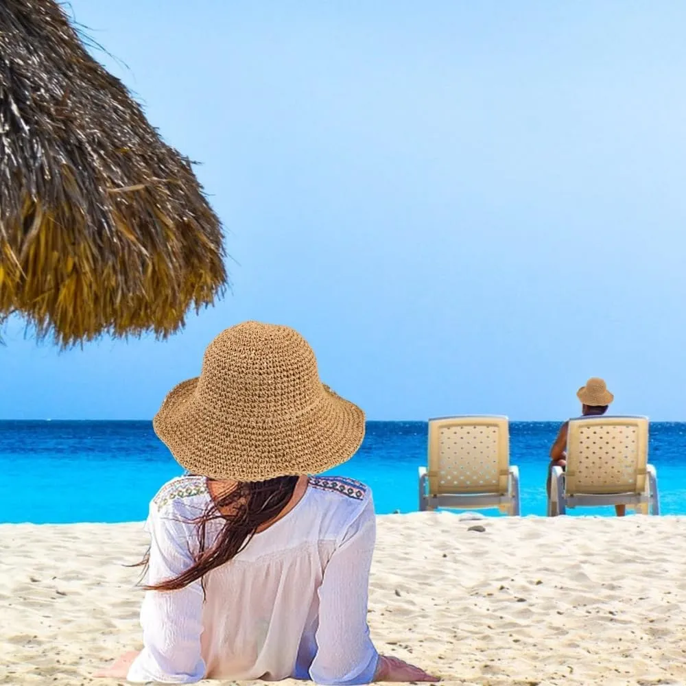Womens Floppy Straw Sun Hat Packable Wide Brim Summer Beach Hat Foldable Crochet Bucket Hats