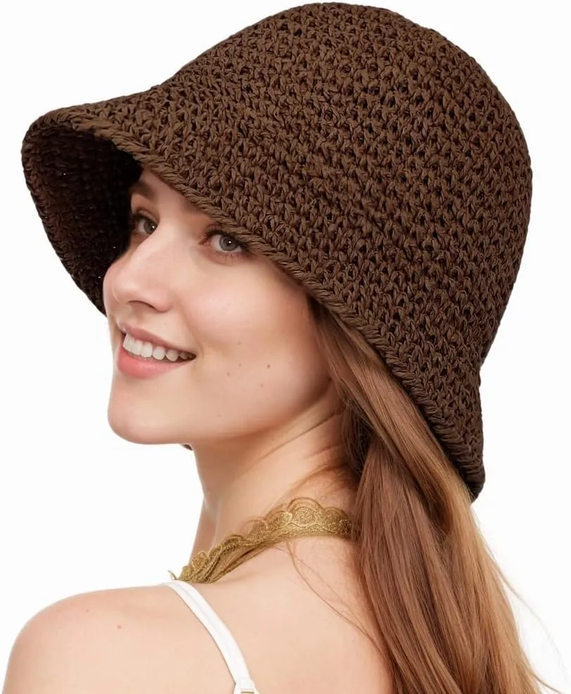 Womens Floppy Straw Sun Hat Packable Wide Brim Summer Beach Hat Foldable Crochet Bucket Hats
