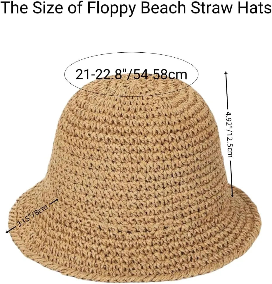 Womens Floppy Straw Sun Hat Packable Wide Brim Summer Beach Hat Foldable Crochet Bucket Hats
