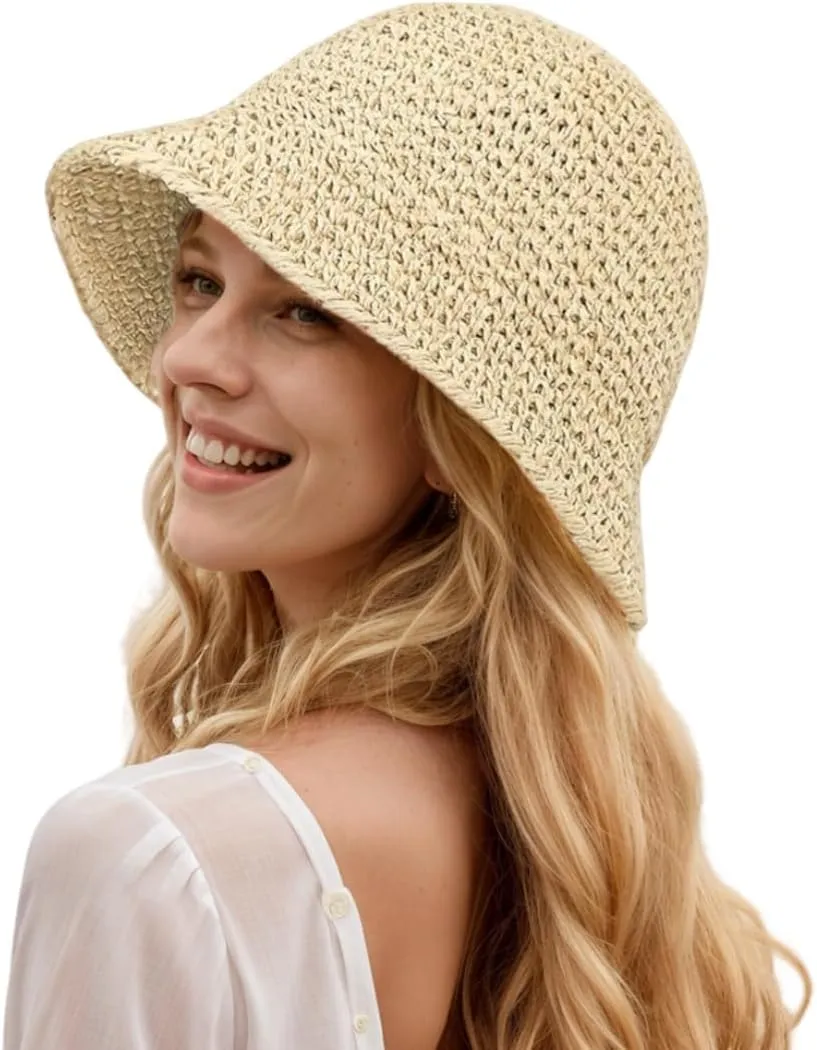 Womens Floppy Straw Sun Hat Packable Wide Brim Summer Beach Hat Foldable Crochet Bucket Hats