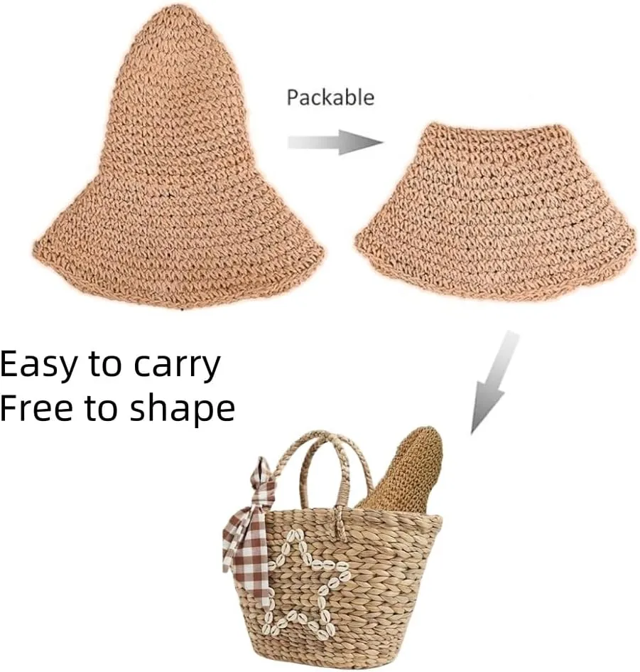 Womens Floppy Straw Sun Hat Packable Wide Brim Summer Beach Hat Foldable Crochet Bucket Hats