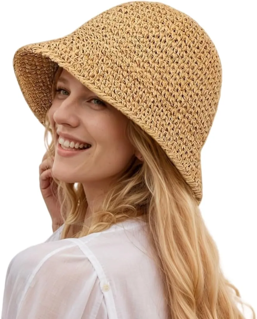 Womens Floppy Straw Sun Hat Packable Wide Brim Summer Beach Hat Foldable Crochet Bucket Hats