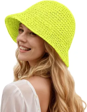 Womens Floppy Straw Sun Hat Packable Wide Brim Summer Beach Hat Foldable Crochet Bucket Hats