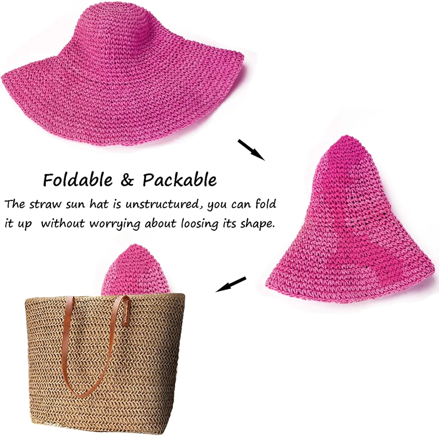Womens Sun Hats Wide Brim Summer Beach Hat for Women Foldable Travel Straw Hat UPF50 