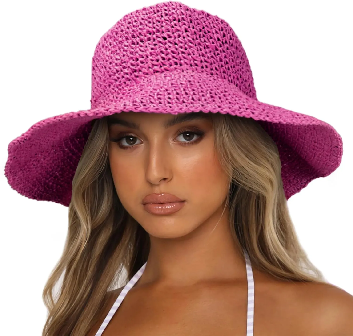 Womens Sun Hats Wide Brim Summer Beach Hat for Women Foldable Travel Straw Hat UPF50 